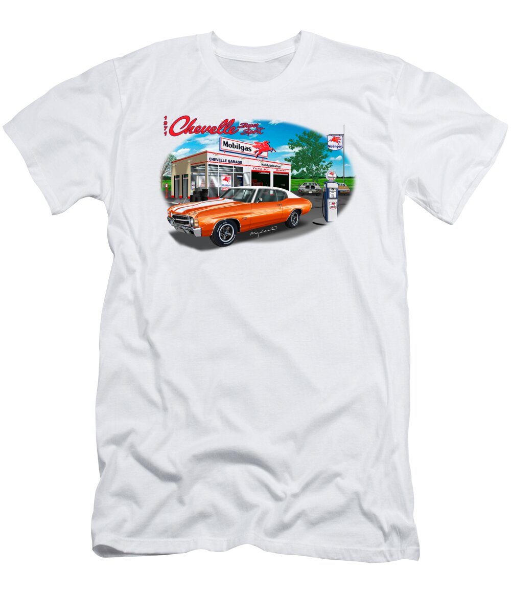 1971 Chevelle Ss Burnt Orange White Stripe And Top Garage Muscle Car Art T-Shirt featuring the drawing 1971 Chevelle SS Burnt Orange White Stripe and Top Garage Muscle Car Art by Alison Edwards