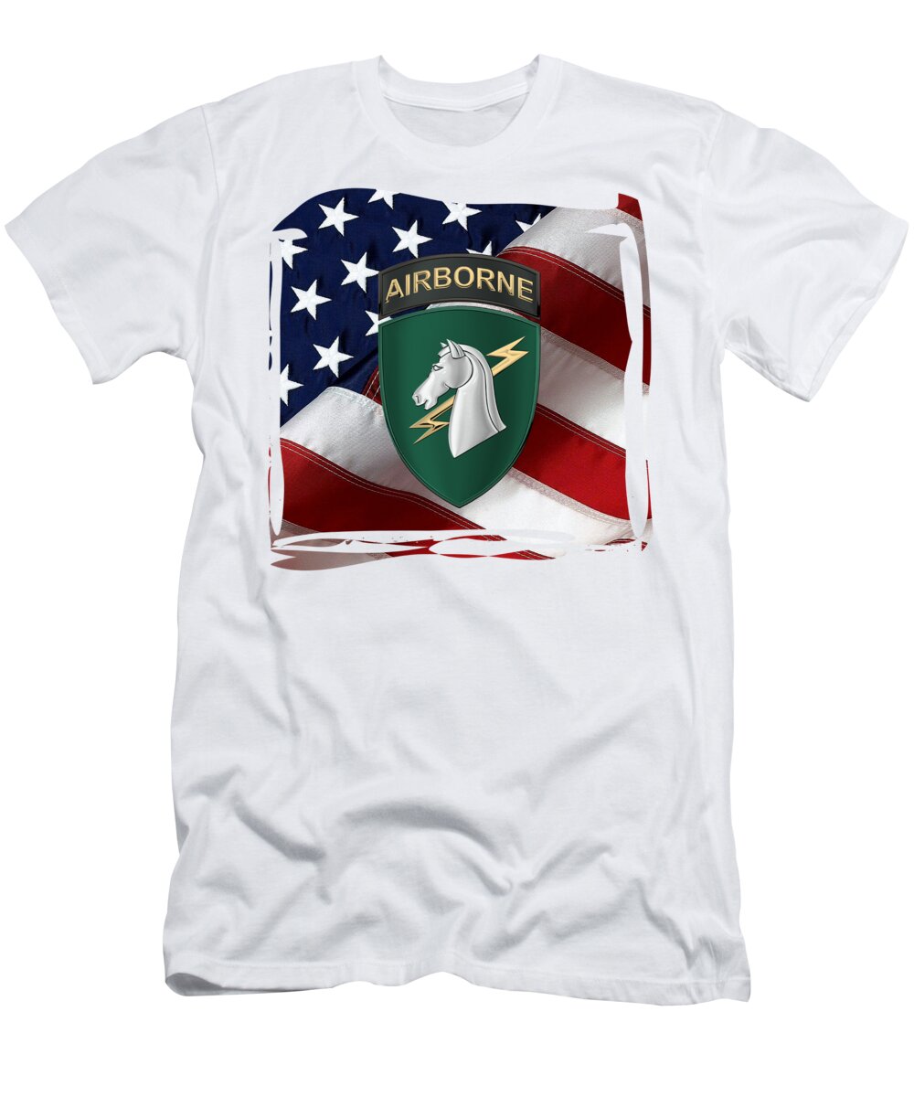  ‘military Insignia 3d’ Collection By Serge Averbukh T-Shirt featuring the digital art 1st U.S. Army Special Operations Command - 1st SOCOM SSI over American Flag by Serge Averbukh