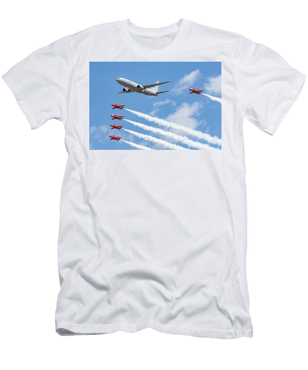 P 8 Poseidon T-Shirt featuring the photograph Red Arrows and P8 Poseidon by Airpower Art