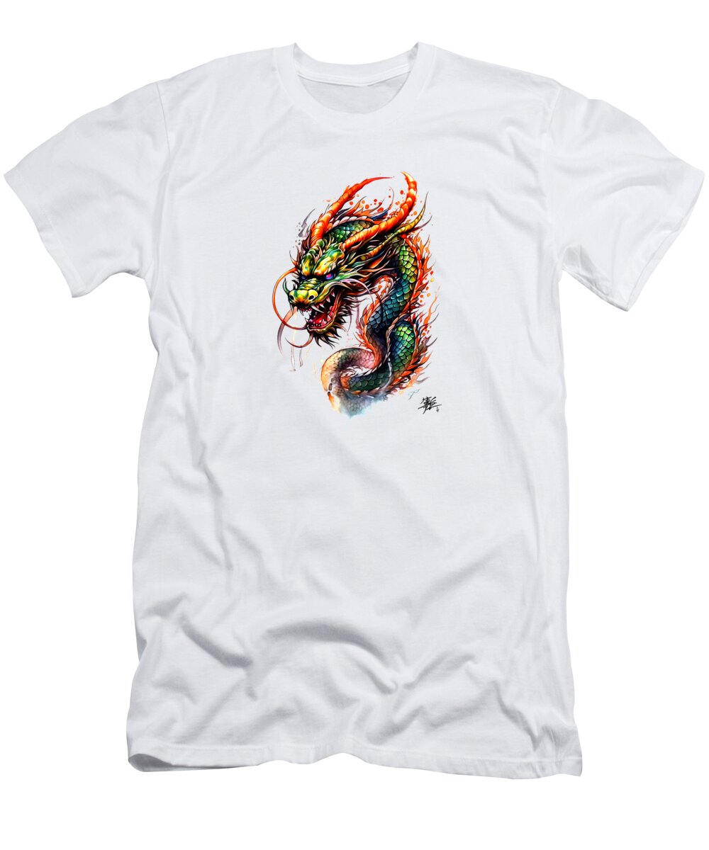 Dragon T-Shirt featuring the mixed media Tattoo Style Dragon #2 by World Art Collective