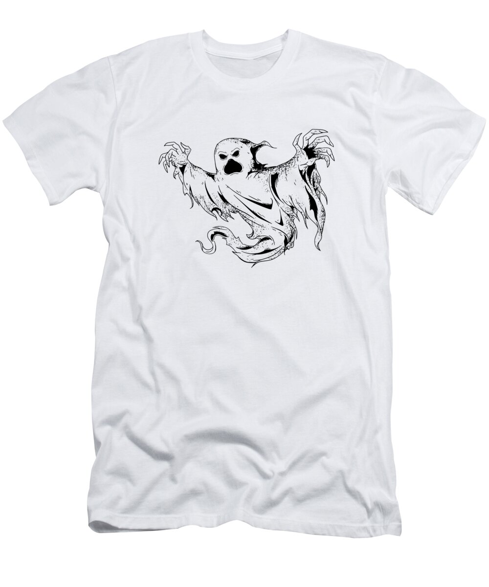 Halloween T-Shirt featuring the digital art Halloween Ghost Line Art Drawing Ghost Fan Horror #3 by Toms Tee Store