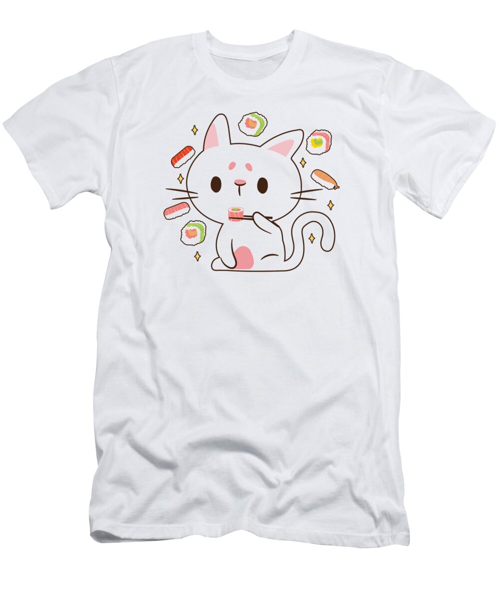 Cat T-Shirt featuring the digital art Kawaii Cat Eating Sushi Japanese Raw Food #3 by Toms Tee Store