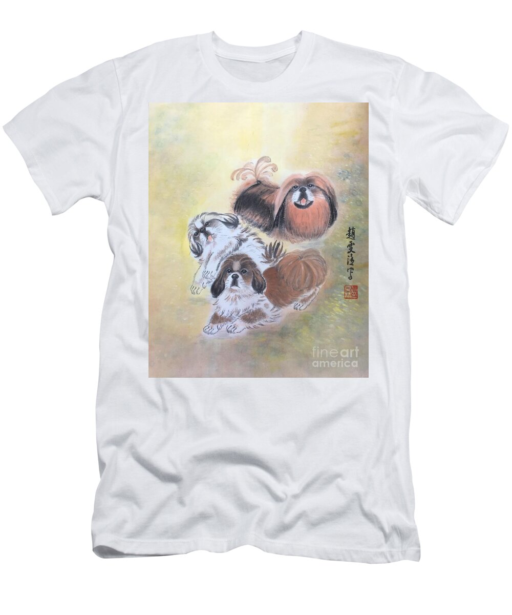 Pekes T-Shirt featuring the painting Three Pekes in a Pod - 3 by Carmen Lam