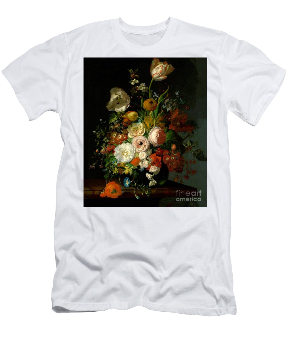 Still Life With Flowers In A Glass Vase T-Shirt featuring the painting Still Life with Flowers in a Glass Vase #3 by Rachel Ruysch