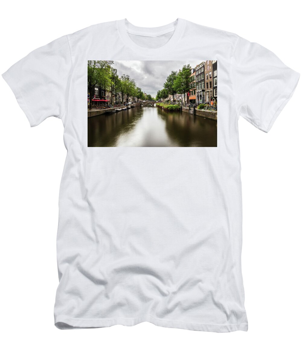 Canal T-Shirt featuring the photograph Water canal in Amsterdam #3 by Fabiano Di Paolo