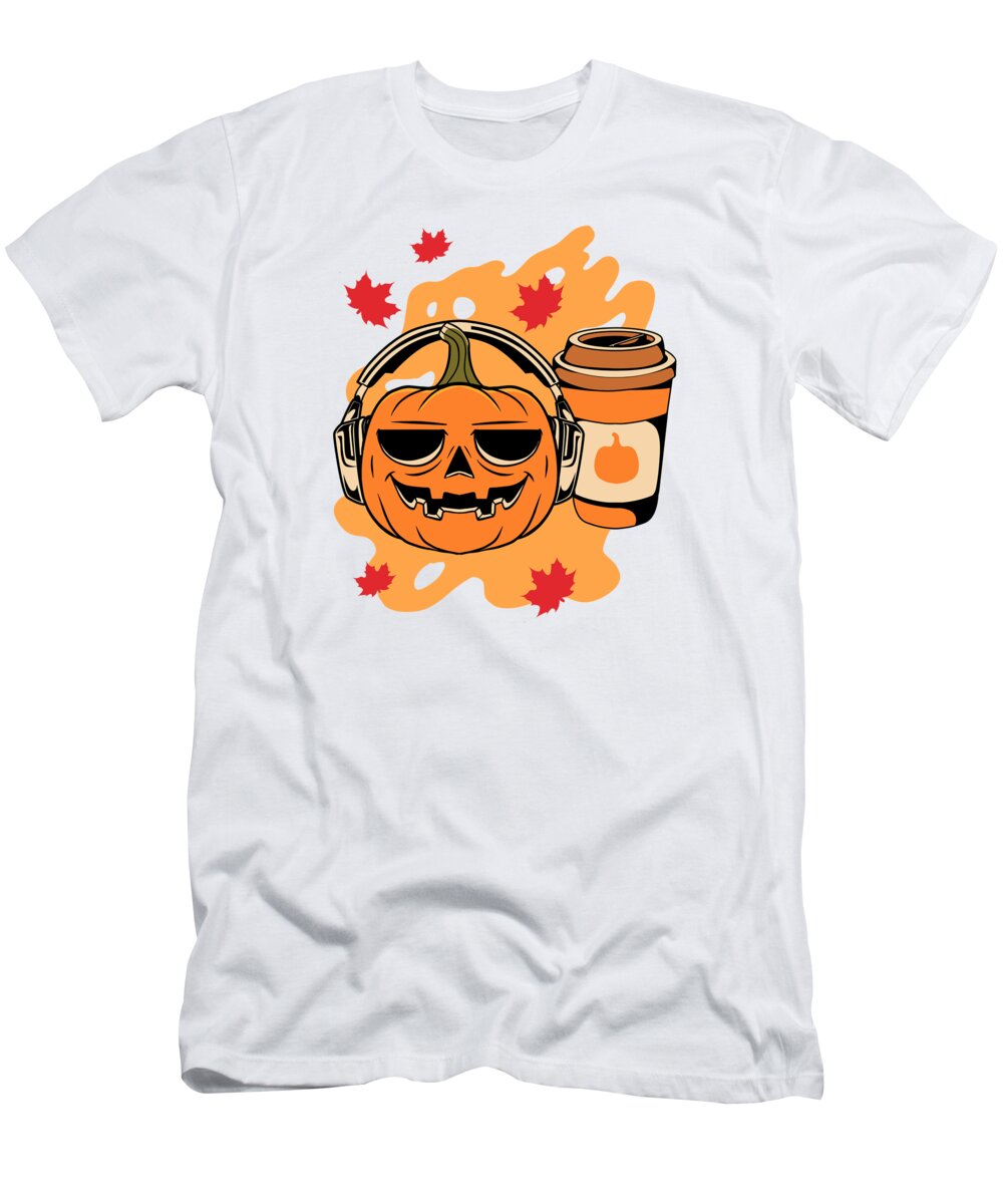 Thanksgiving T-Shirt featuring the digital art Fall Coffee Music Lover Pumpkin Latte Drink #4 by Toms Tee Store