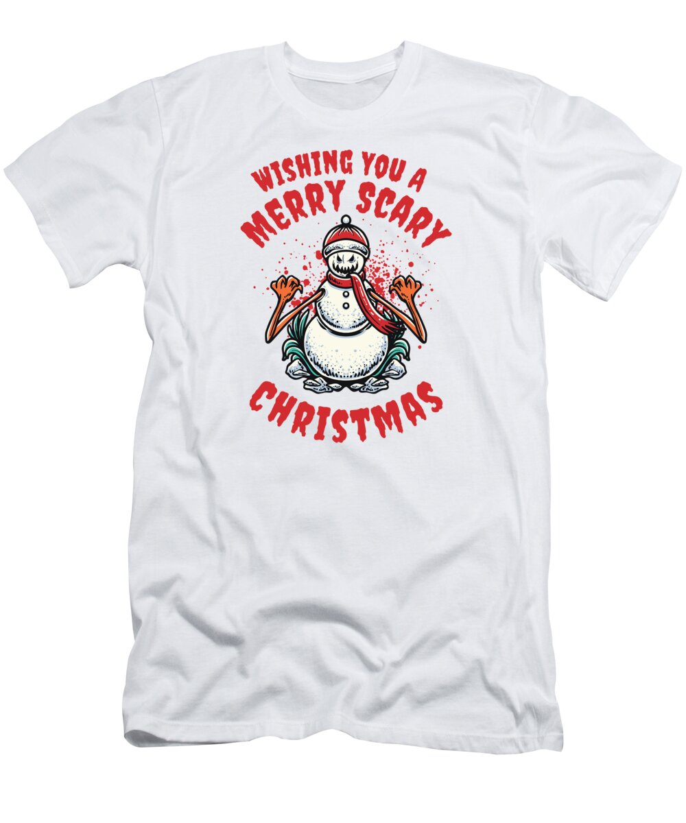 Merry Scary Christmas T-Shirt featuring the digital art Merry Scary Christmas Halloween Spooky Scary Snowman #4 by Toms Tee Store