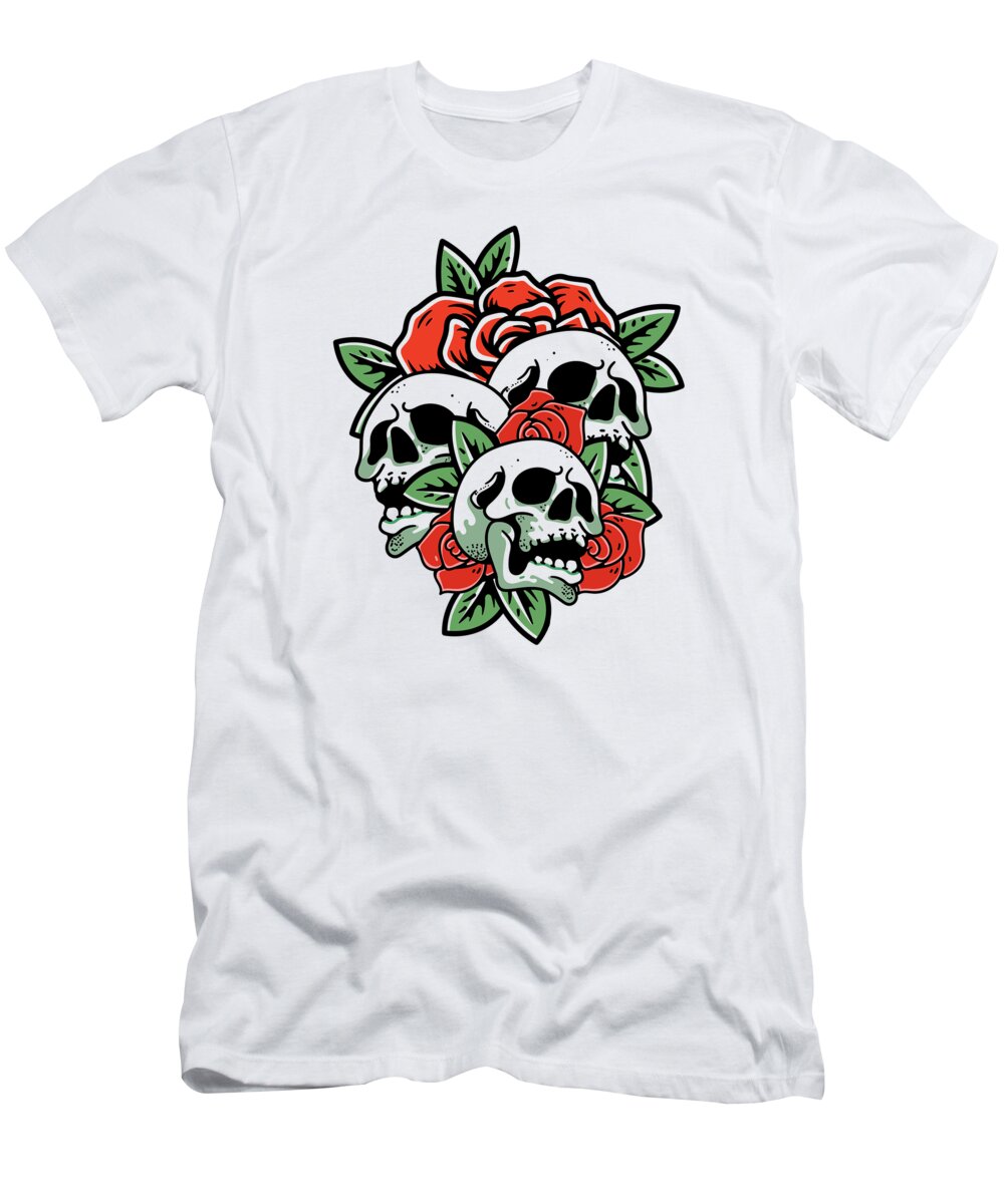 Gothic Roses T-Shirt featuring the digital art Skull Flower Death Grave Aesthetic Dark Pattern #4 by Toms Tee Store
