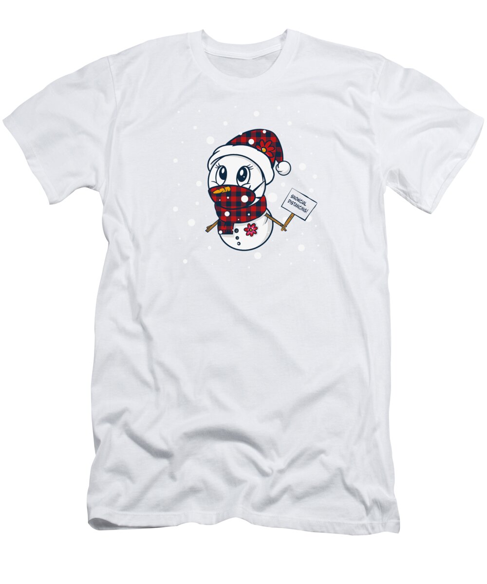 Snowcial Distancing T-Shirt featuring the digital art Snowcial Distancing Social Distancing funny Snowman #5 by Toms Tee Store