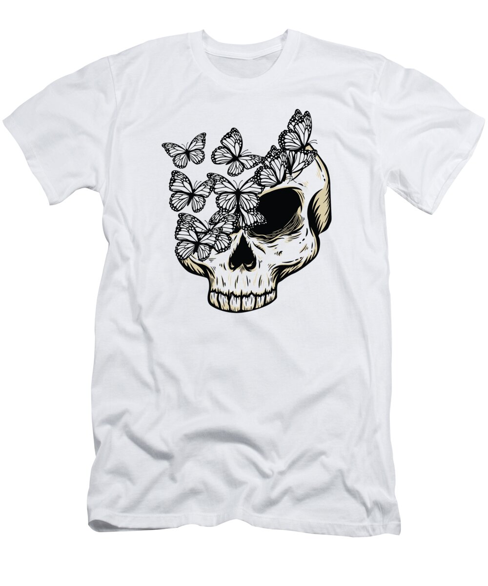 Skull T-Shirt featuring the digital art Gothic Butterfly Skull Bones Skeleton Death Grave Aesthetic Dark #6 by Toms Tee Store