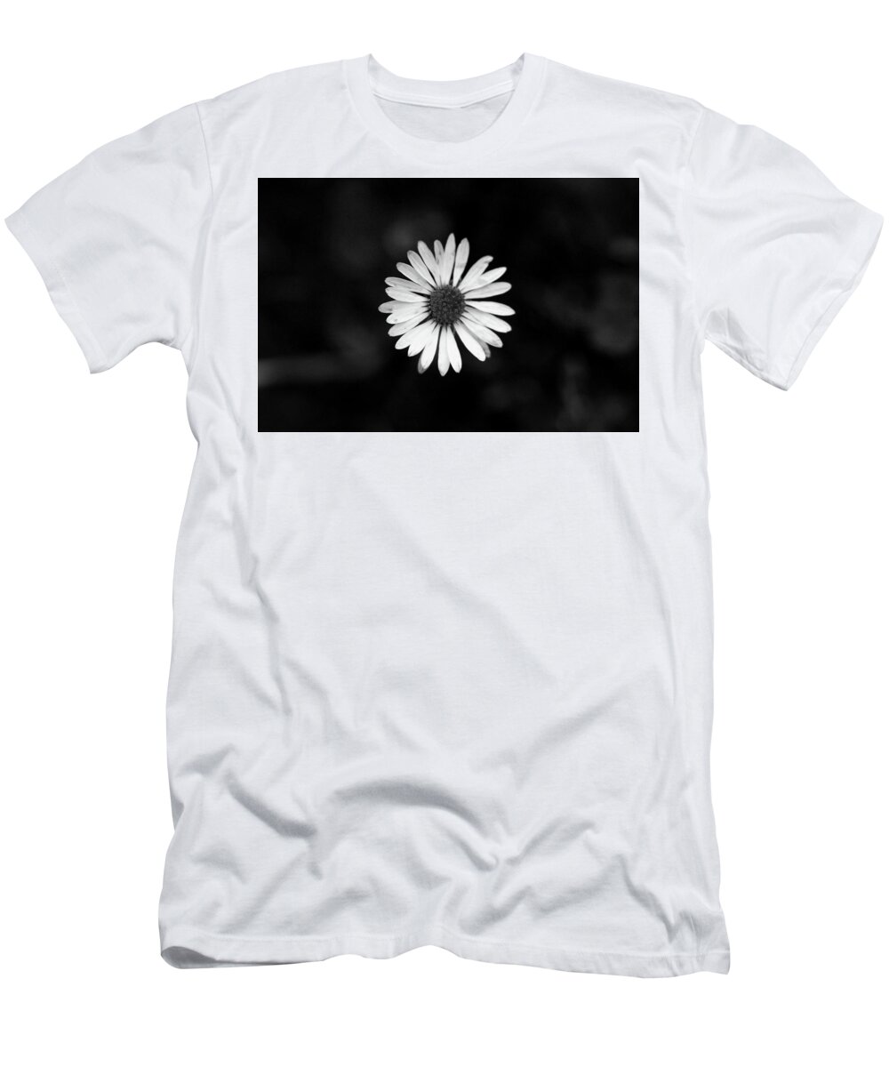 Bellis Perennis T-Shirt featuring the photograph Black and white bloom of bellis perennis by Vaclav Sonnek