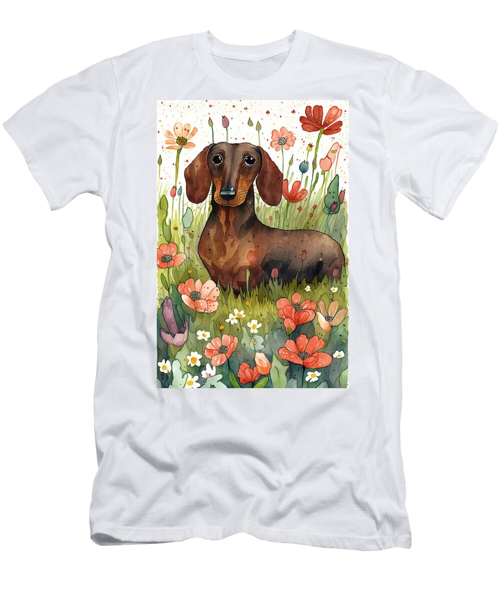 Dachshund T-Shirt featuring the digital art A Dachshund in a flower field 2. by Debbie Brown