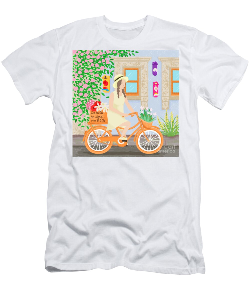 Girl T-Shirt featuring the drawing A girl on a bicycle by Min Fen Zhu