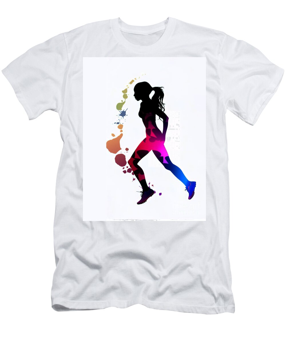 Health T-Shirt featuring the digital art A silhouette of a female runner in neon colors, in an abstract representation. by Odon Czintos