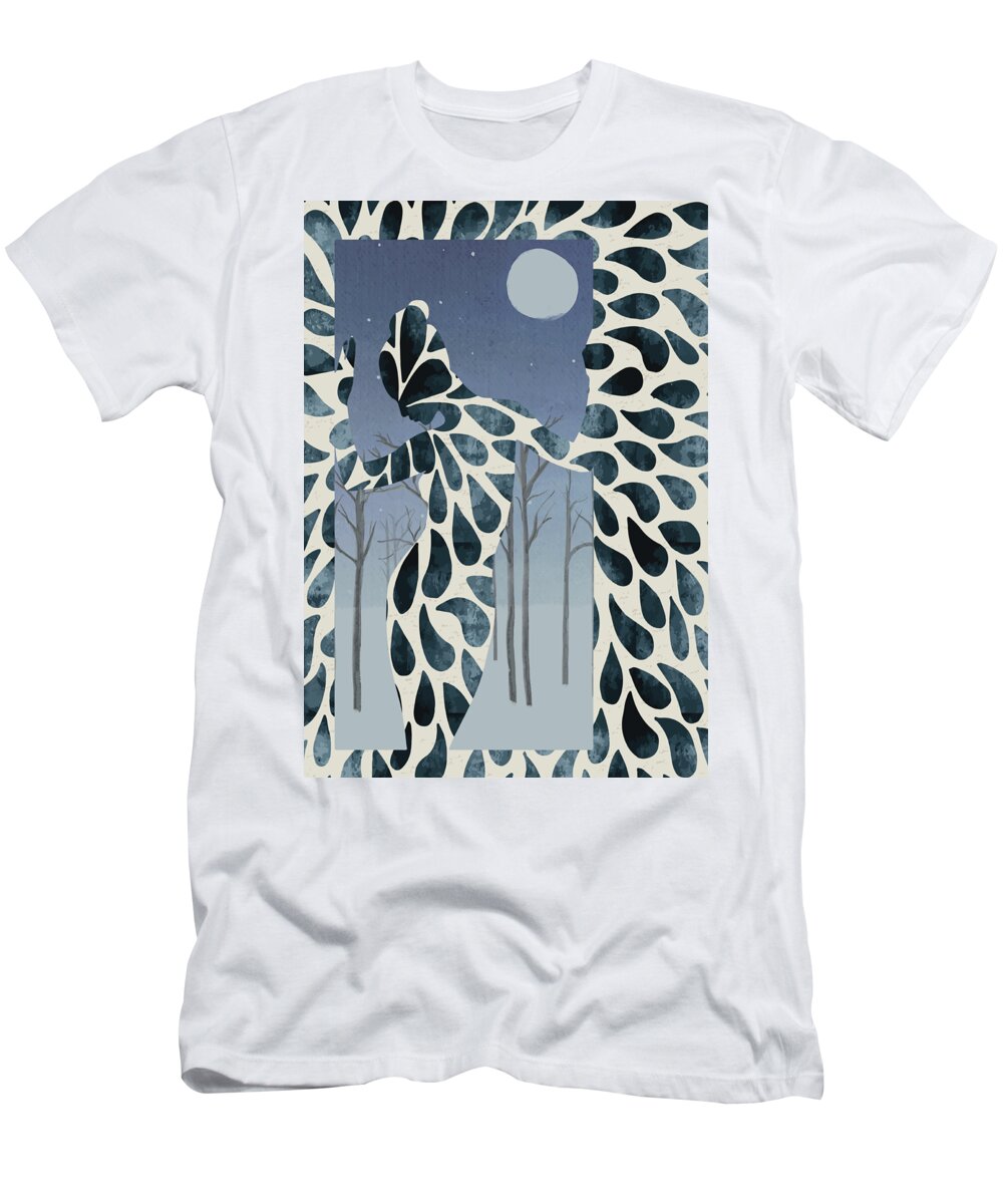 Womans Silhouette T-Shirt featuring the drawing Abstract female night dreams floral woman's silhouette watercolor autumn landscape sketchy art style by Mounir Khalfouf