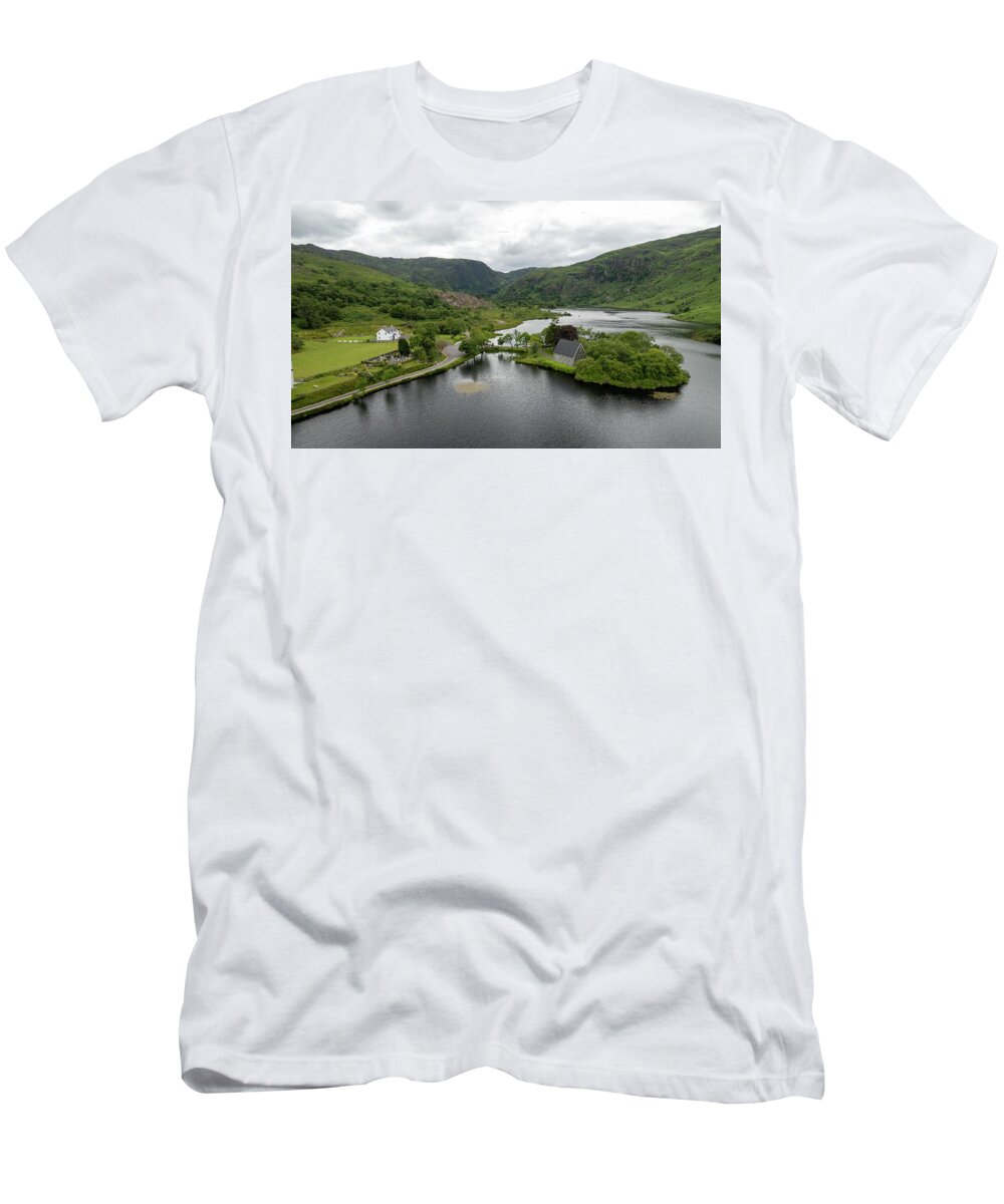 Saint Finbarr Oratory T-Shirt featuring the photograph Aerial drone landscape of St. Finbarr oratory Church, Gougane Barra, cork West Ireland. by Michalakis Ppalis