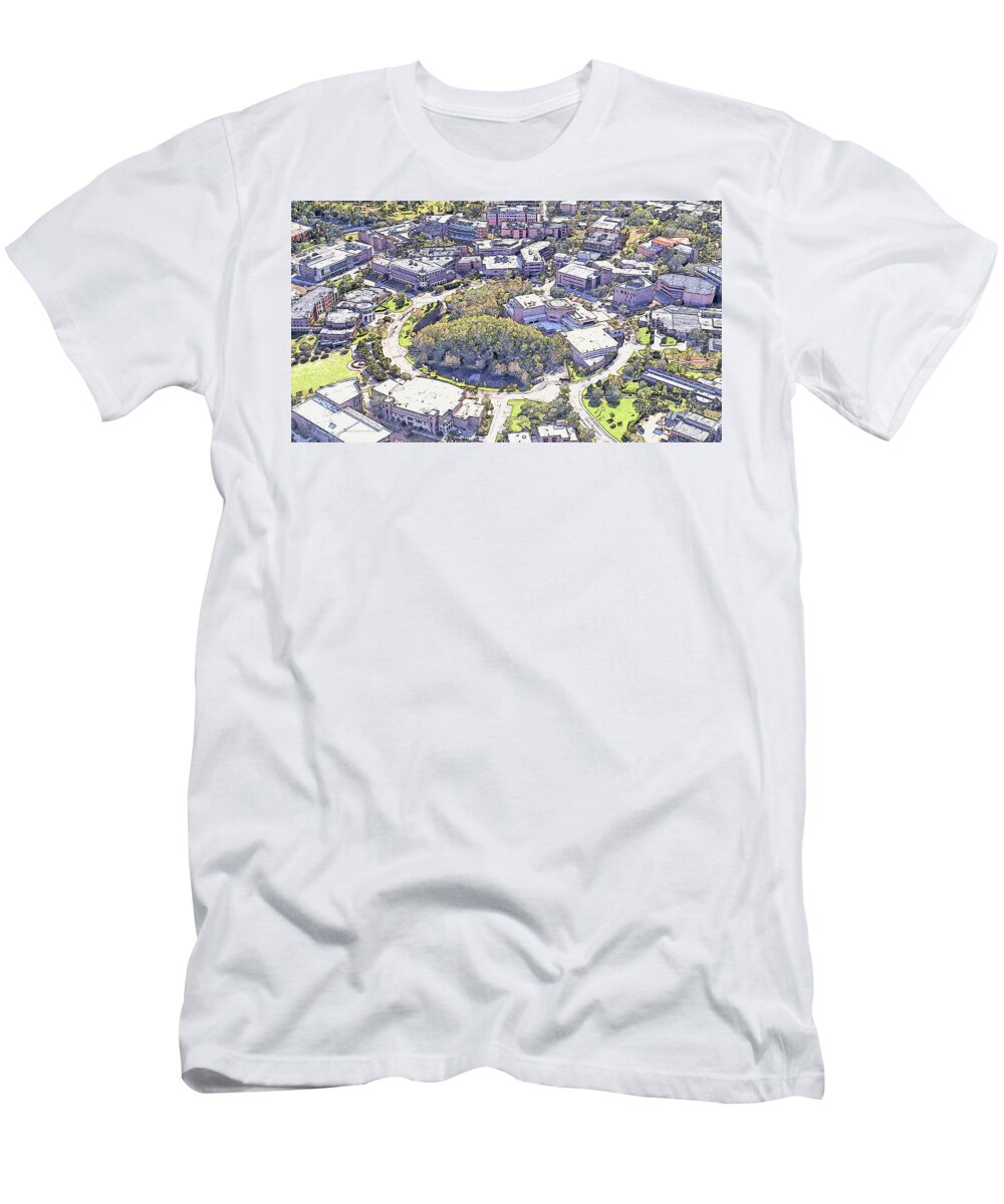 University Of Central Florida T-Shirt featuring the digital art Aerial of the University of Central Florida campus - pencil sketch by Nicko Prints