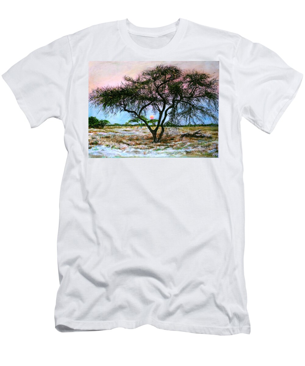 African Savanna Savannah Plain Acacia Tree Medicine Prehistoric Tree Of Life Sunset T-Shirt featuring the painting African Acacia Tree by John Bohn