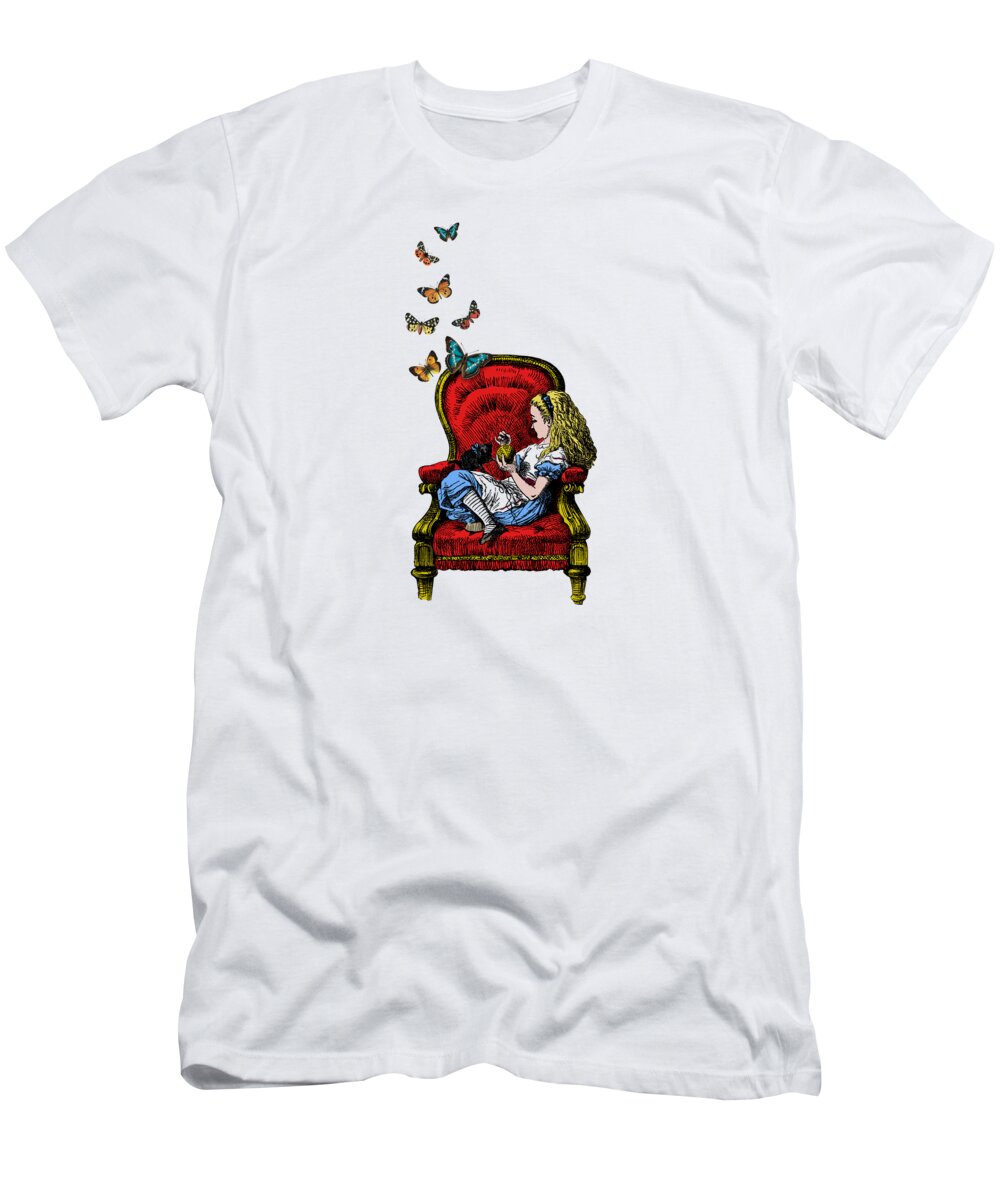 Alice In Wonderland T-Shirt featuring the digital art Alice in red chair by Madame Memento
