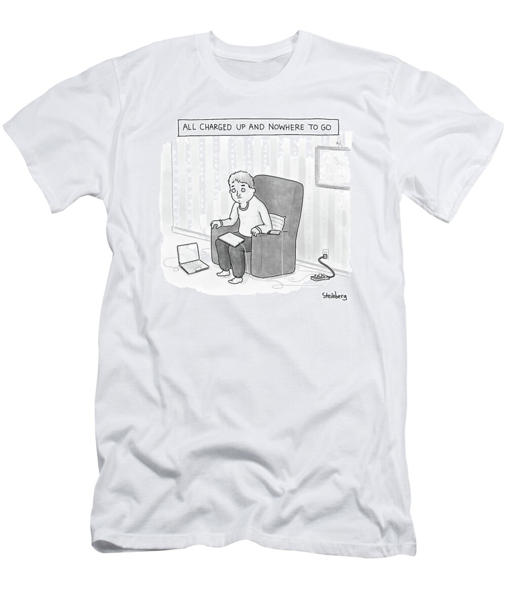 Captionless T-Shirt featuring the drawing All Charged Up And Nowhere To Go by Avi Steinberg