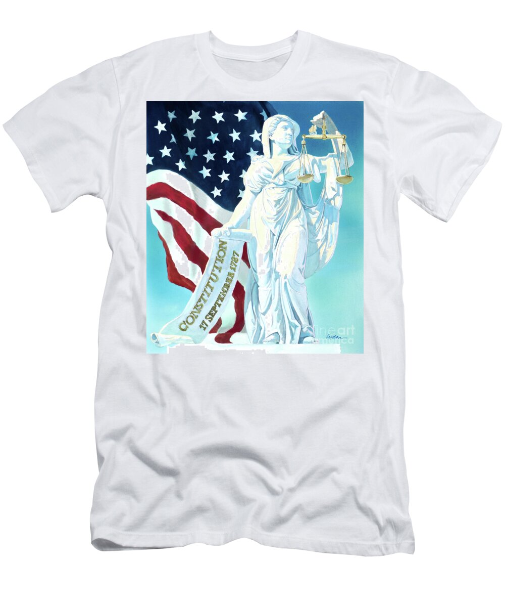 Tom Lydon T-Shirt featuring the painting America - Genius of America - Justice Holding Scale And Scrolls by Tom Lydon