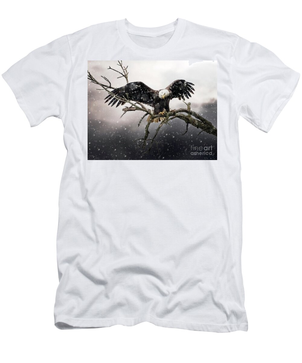 American Bald Eagle T-Shirt featuring the photograph American Bald Eagle in a Snow Storm by Sandra Rust