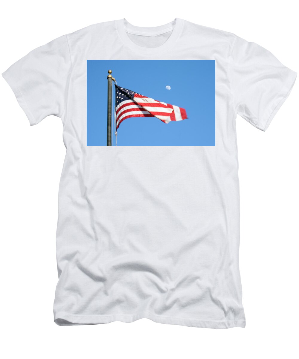 American Flag T-Shirt featuring the photograph American Flag with Moon by Marilyn Hunt