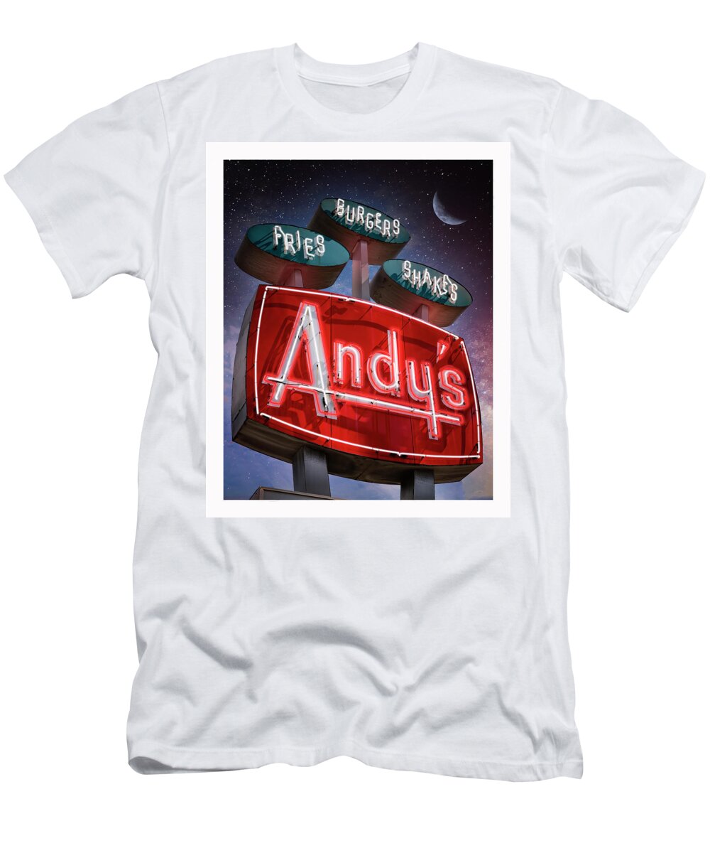 Andy's T-Shirt featuring the photograph Andy's Igloo Drive In at night by ARTtography by David Bruce Kawchak