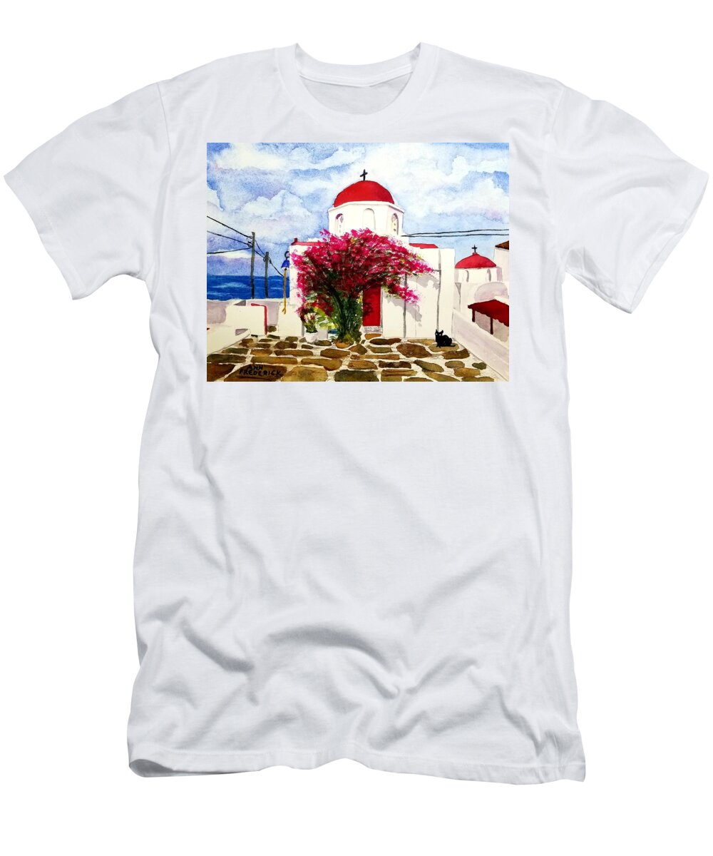 Santorini T-Shirt featuring the painting Anns' Santorini by Ann Frederick
