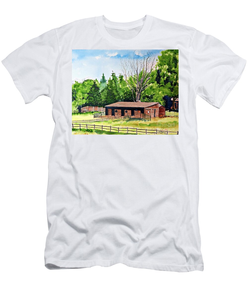 Applewood Estates T-Shirt featuring the painting Applewood Horse Barn by Tom Riggs