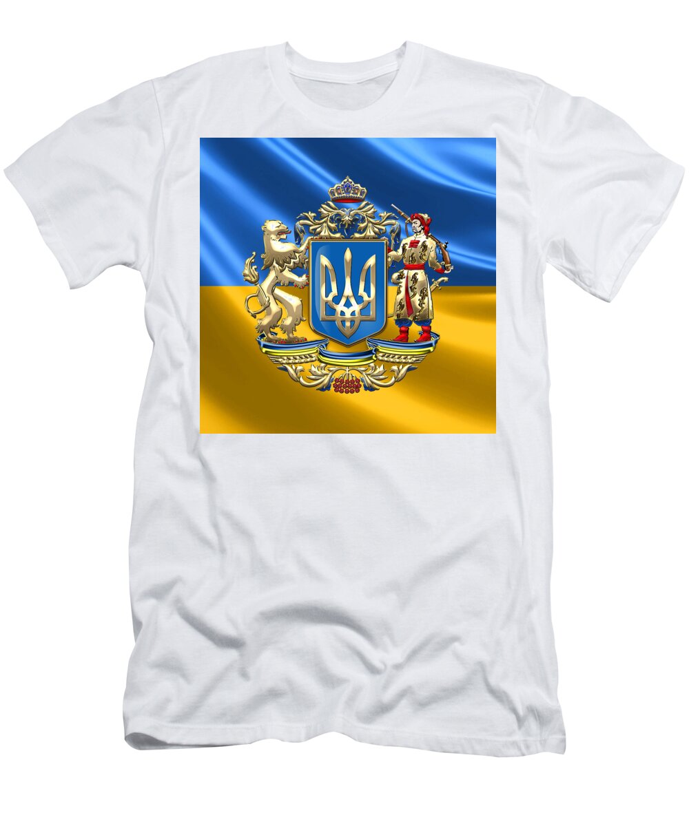 World Heraldry Collection By Serge Averbukh T-Shirt featuring the digital art Ukraine - Proposed Greater Coat of Arms over Ukrainian Flag by Serge Averbukh