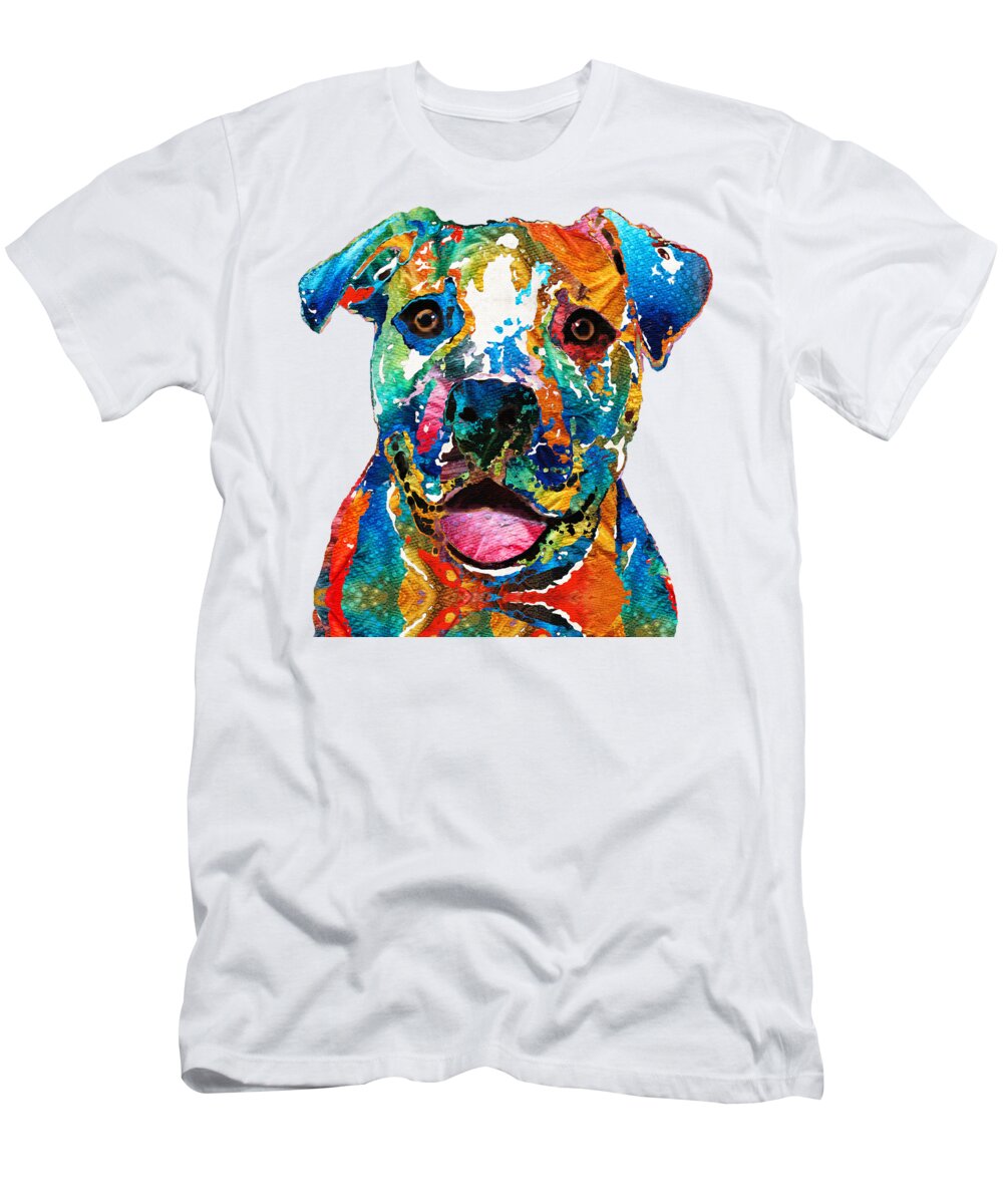 Dog T-Shirt featuring the painting Colorful Dog Pit Bull Art - Happy - By Sharon Cummings by Sharon Cummings