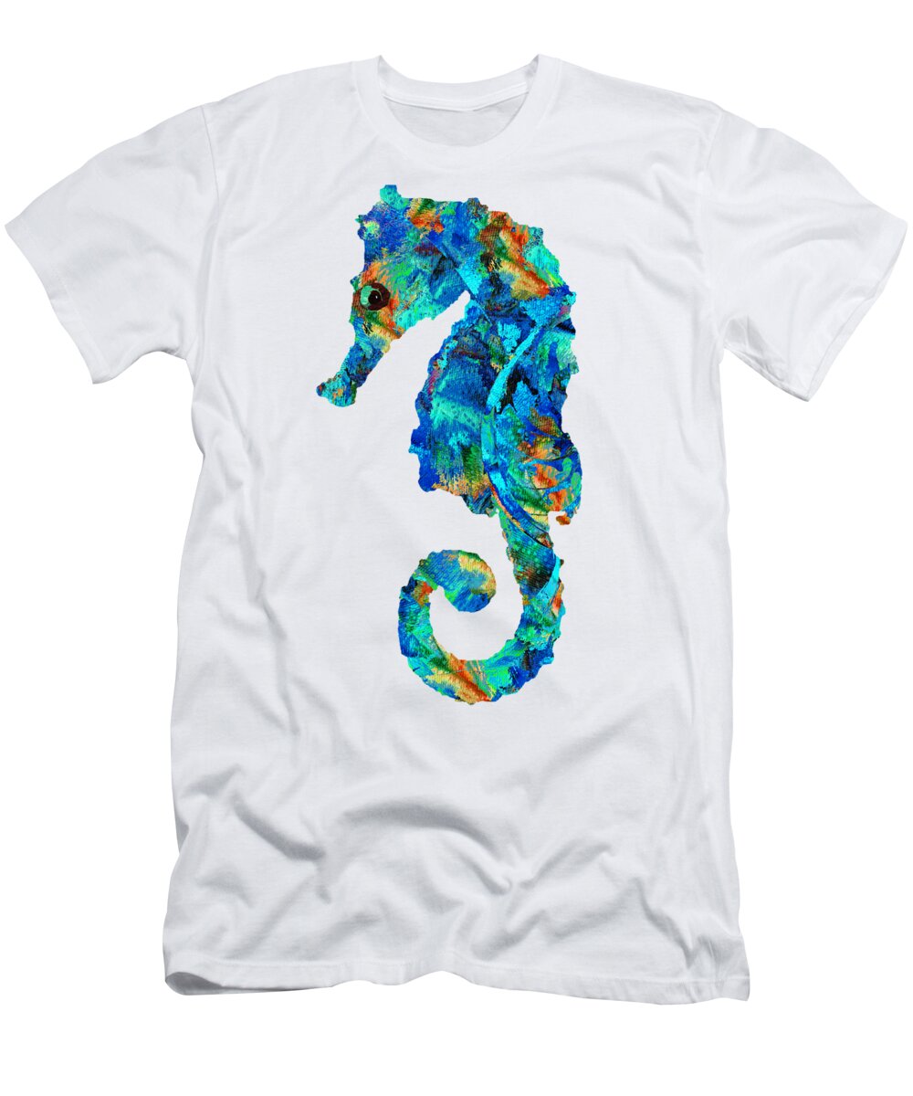 Seahorse T-Shirt featuring the painting Blue Seahorse Art by Sharon Cummings by Sharon Cummings