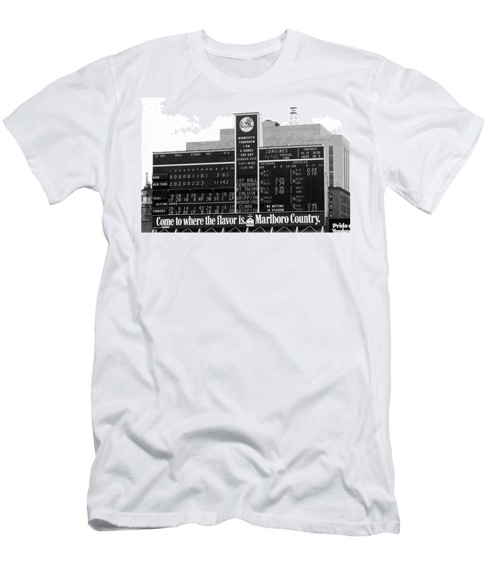 Old Yankee Stadium Scoreboard T-Shirt featuring the photograph Yankee Stadium April 28, 1973 by Paul Plaine