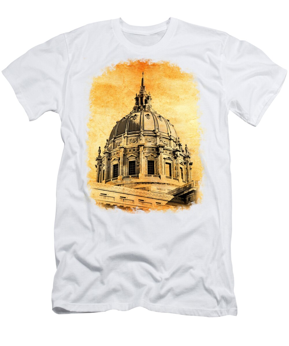 San Francisco City Hall T-Shirt featuring the digital art The dome of the San Francisco City Hall blended on old paper by Nicko Prints