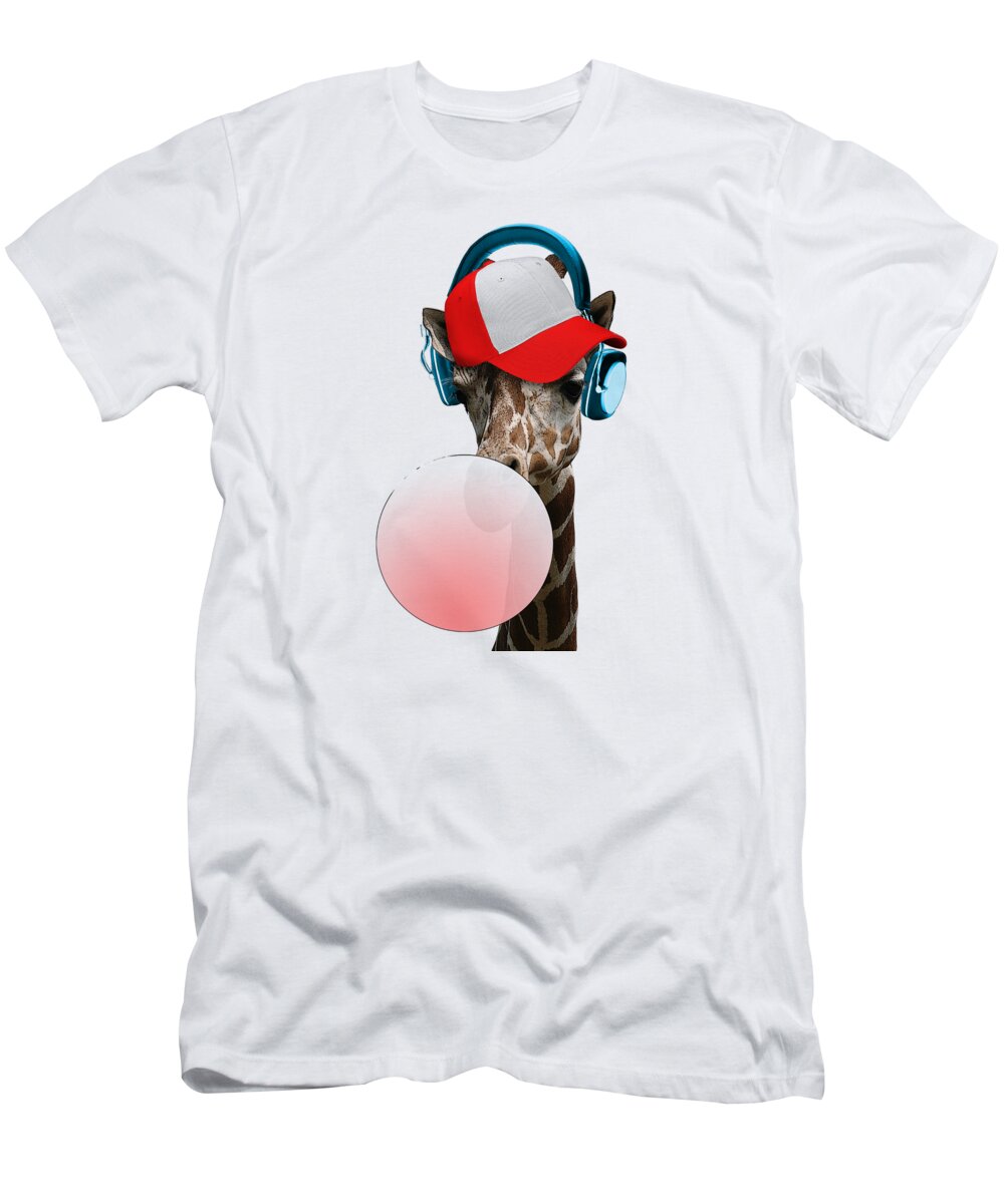 Giraffe T-Shirt featuring the digital art Cool giraffe with headphones by Madame Memento