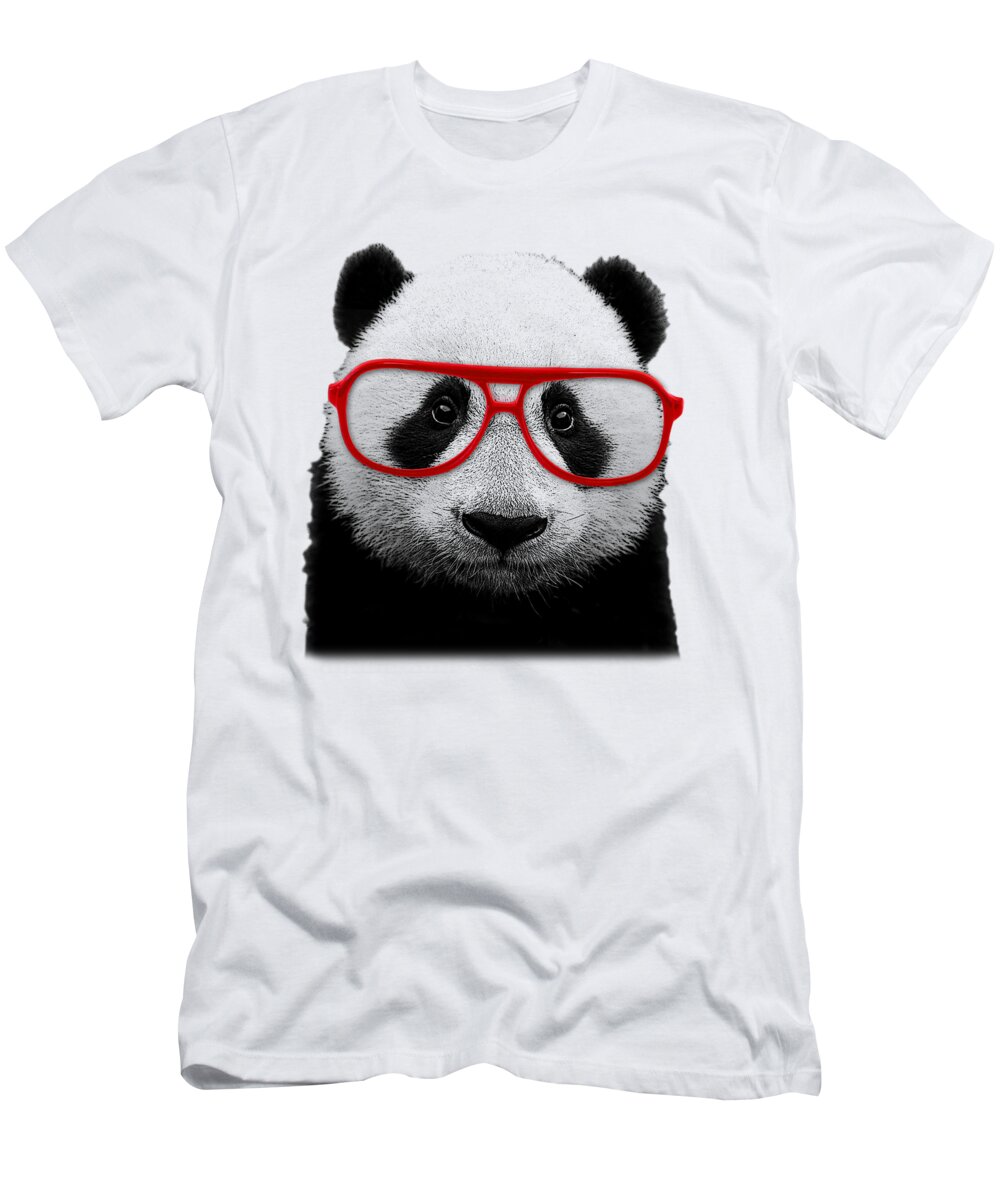 Panda T-Shirt featuring the mixed media Nerdy Panda Bear by Madame Memento