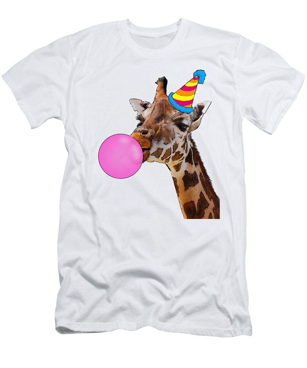 Giraffe T-Shirt featuring the digital art Giraffe with bubblegum and party hat by Madame Memento