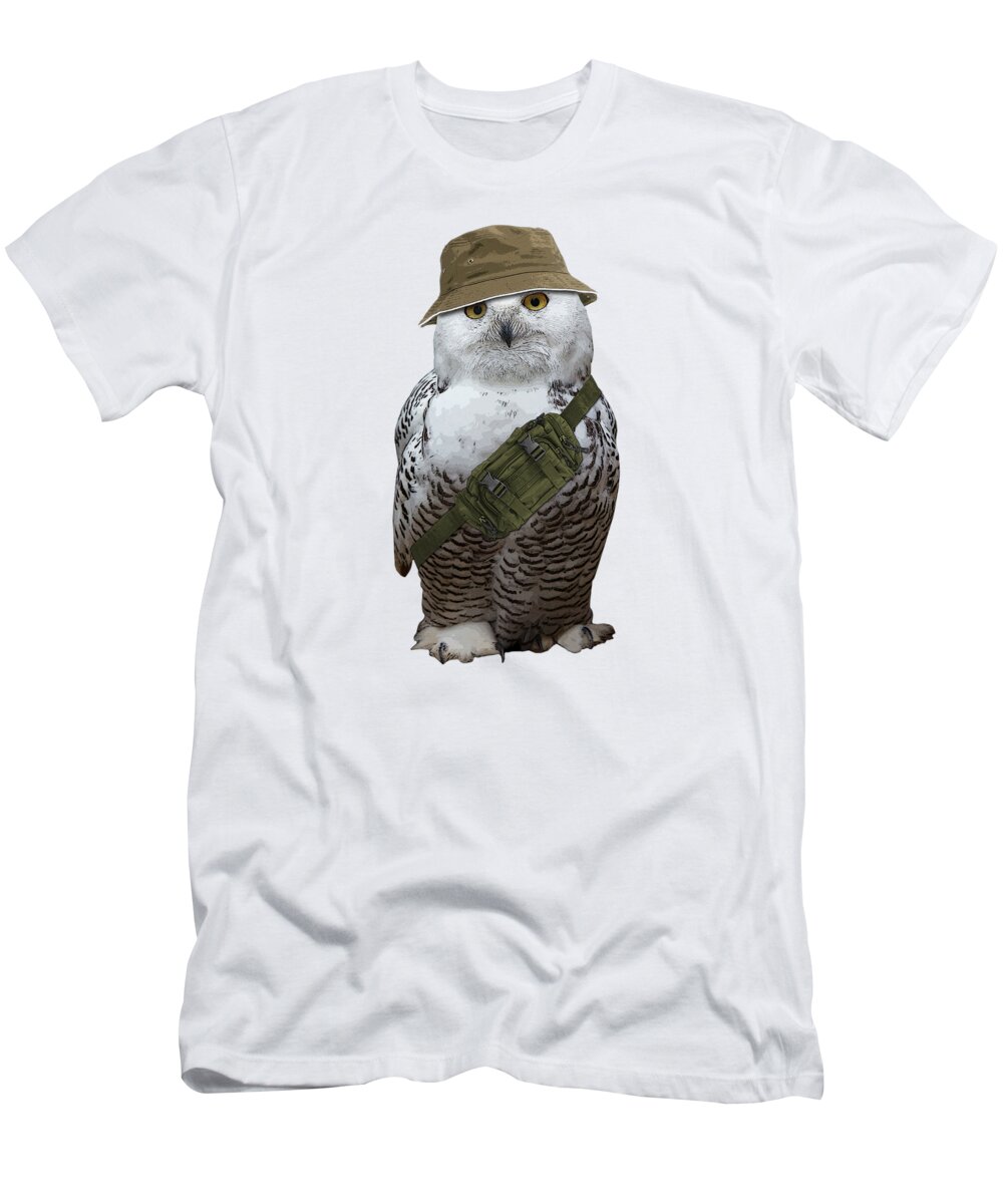 Owl T-Shirt featuring the mixed media Hiking owl by Madame Memento