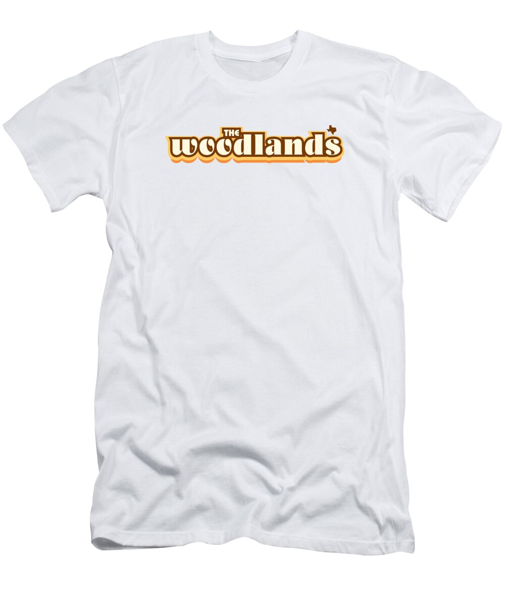 Jan M Stephenson Designs T-Shirt featuring the digital art The Woodlands Texas - Retro Name Design, Southeast Texas, Yellow, Brown, Orange by Jan M Stephenson