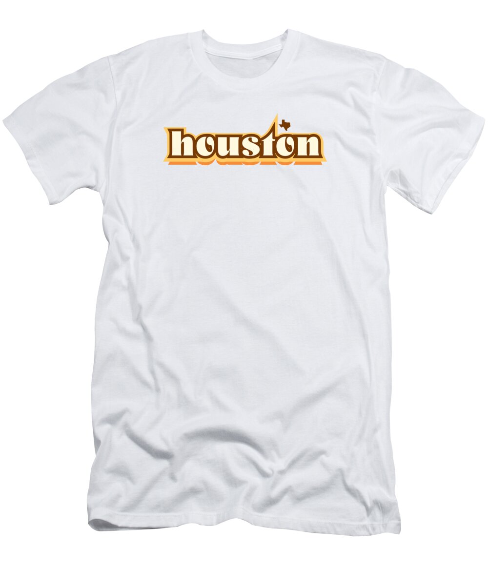 Jan M Stephenson Designs T-Shirt featuring the digital art Houston Texas - Retro Name Design, Southeast Texas, Yellow, Brown, Orange by Jan M Stephenson