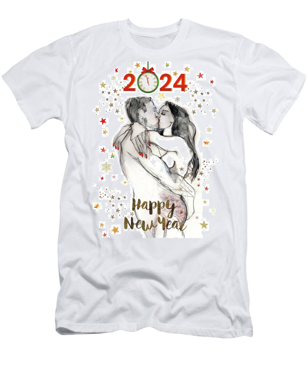 Happy New Year Greeting Card T-Shirt featuring the mixed media Stars in Your Eyes by Carolyn Weltman