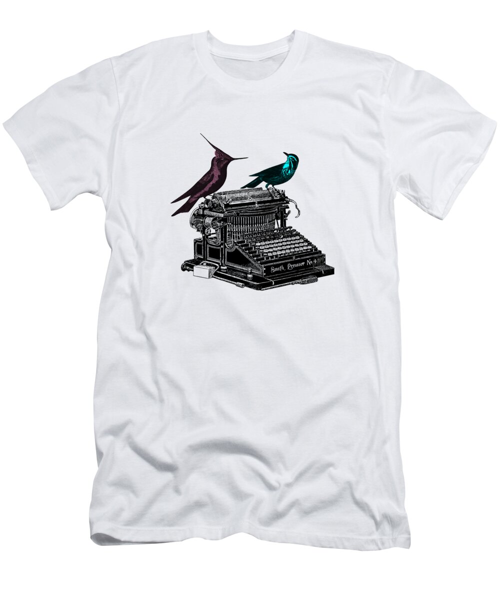 Bird T-Shirt featuring the digital art Antique Typewriter With Birds by Madame Memento