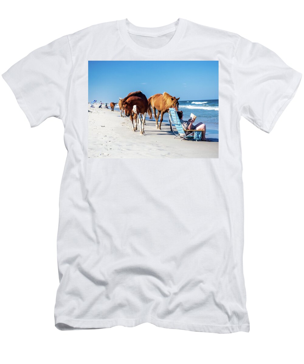 Assateague T-Shirt featuring the photograph Assateague Island - ponies on beach by Louis Dallara