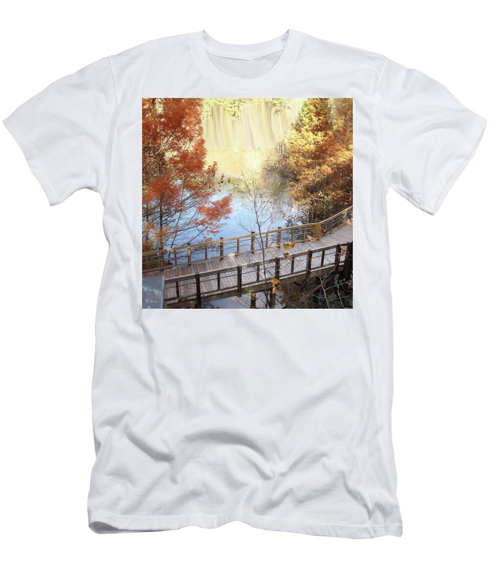 Autumn T-Shirt featuring the digital art Autumn Bridge Below by Linda Ritlinger