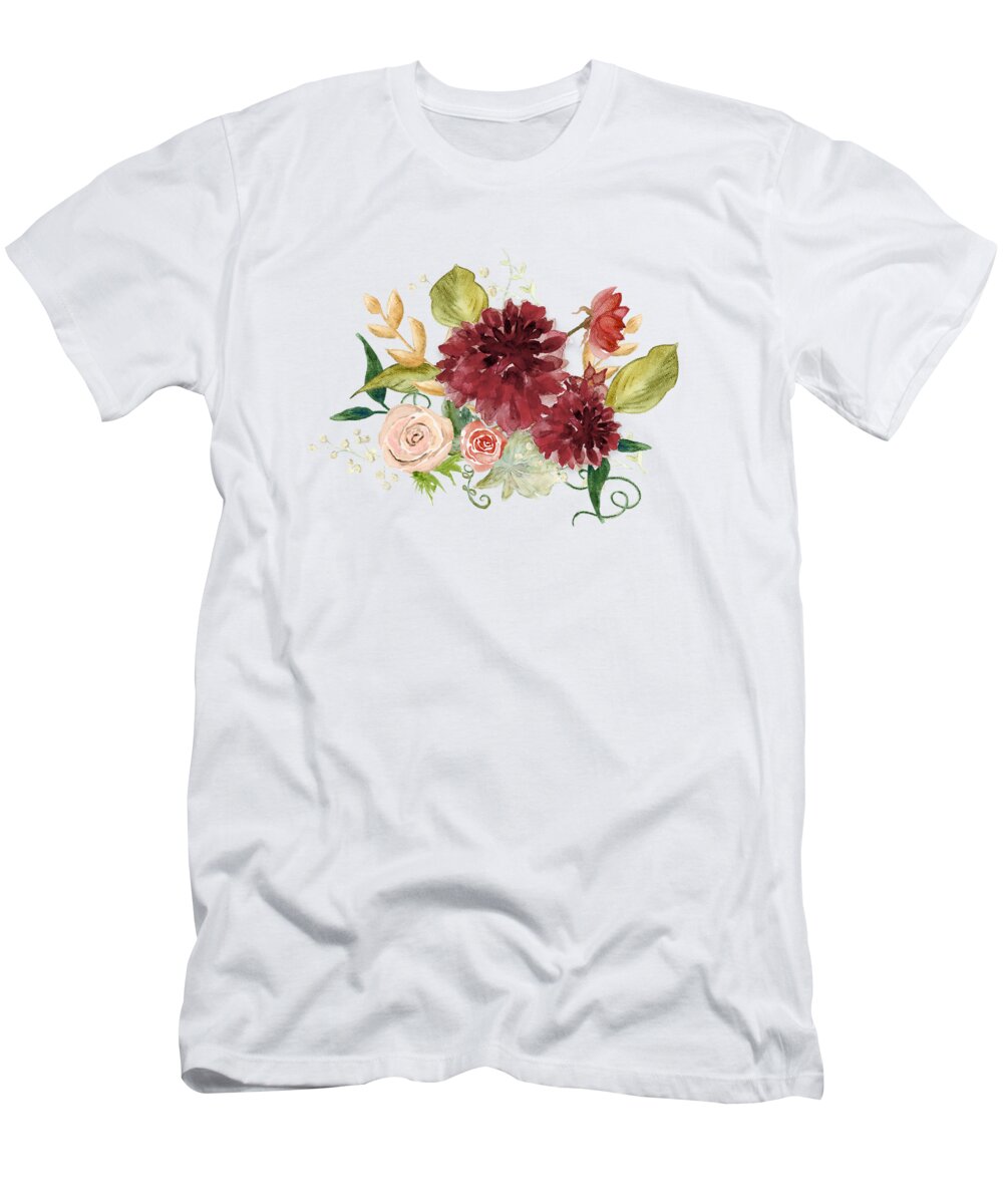 Modern Bohemian Floral T-Shirt featuring the painting Autumn Fall Burgundy Blush Floral Butterfly w Foliage Greenery by Audrey Jeanne Roberts