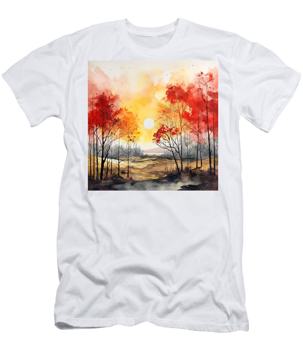 Red And Gray T-Shirt featuring the painting Autumn Forest - Red and Yellow Paintings by Lourry Legarde