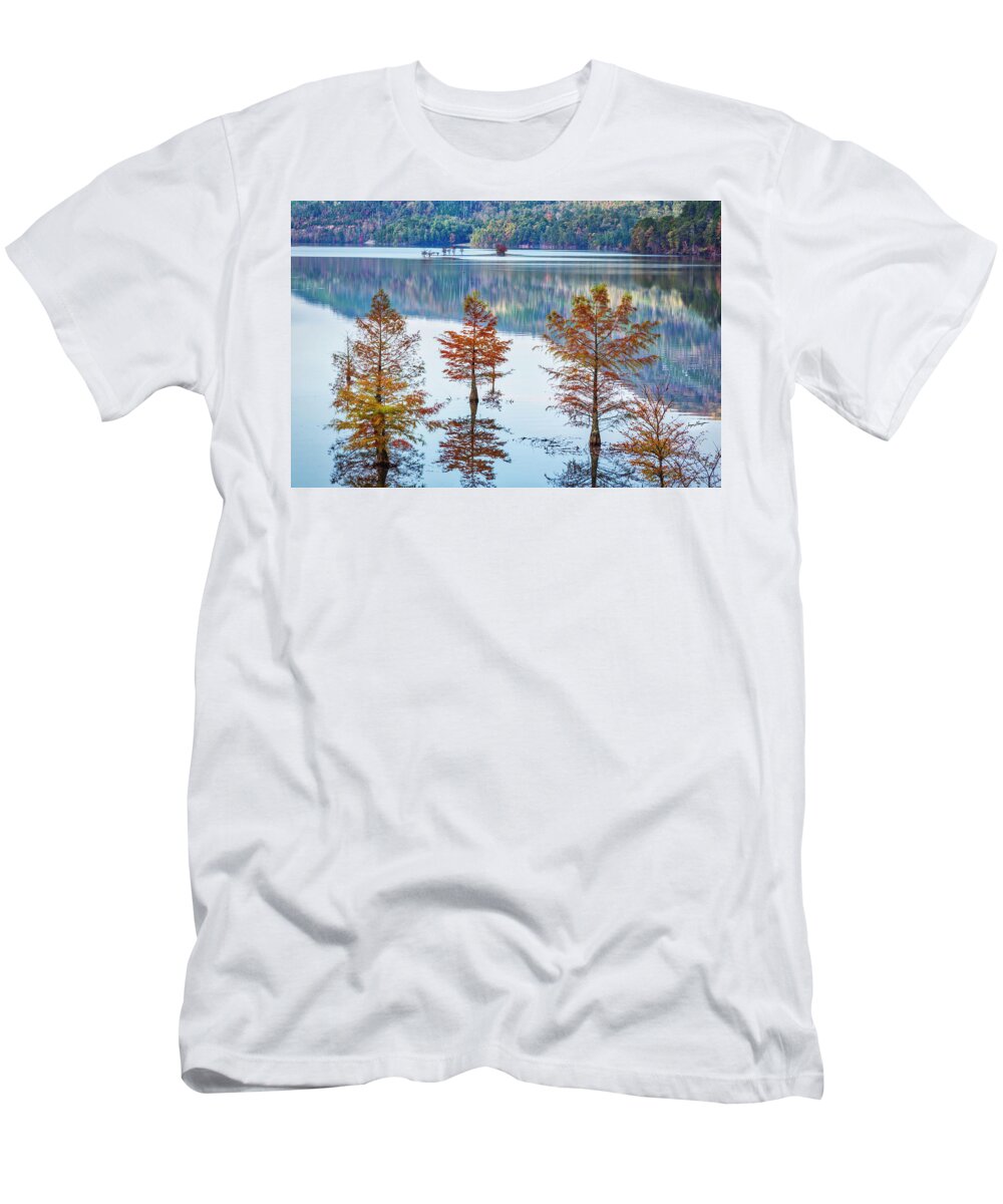 Baldcypresses T-Shirt featuring the photograph Autumn Lake Reflections by Jurgen Lorenzen