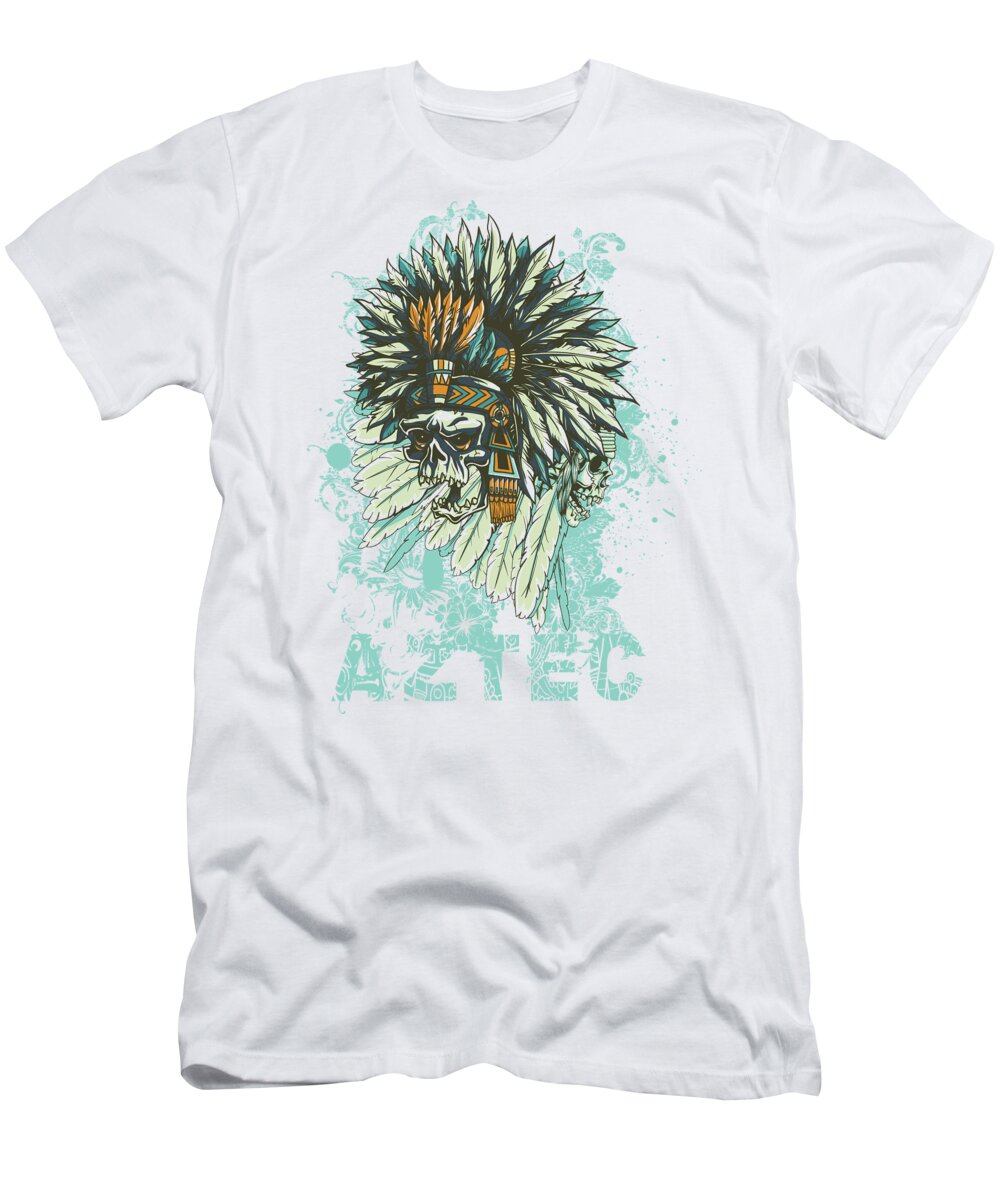 Skull T-Shirt featuring the digital art Aztec Chief Headdress Skull by Jacob Zelazny