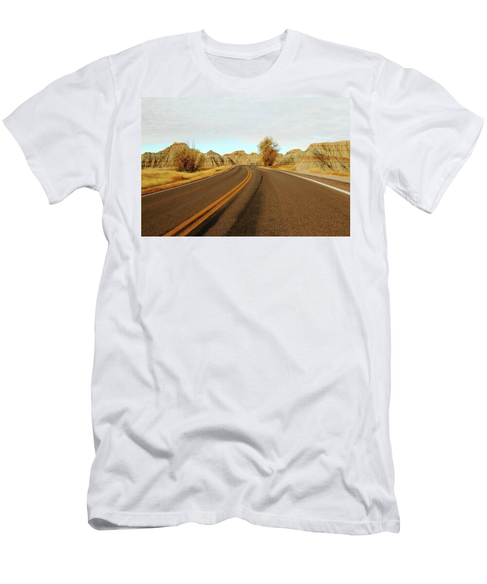 Badlands National Park T-Shirt featuring the photograph Badland Blacktop by Lens Art Photography By Larry Trager